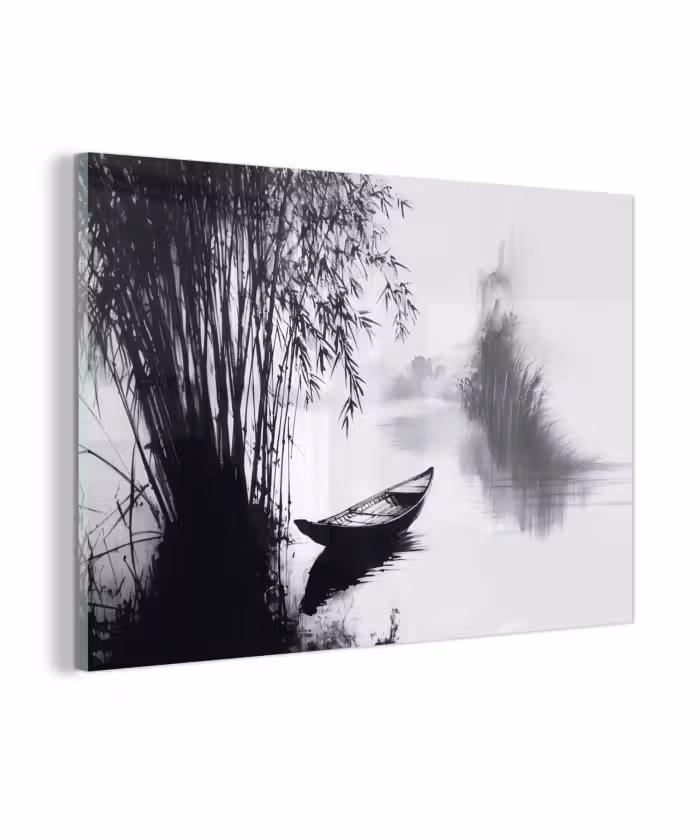 Glas schilderij - Boot - Rivier - Bamboe - Wit