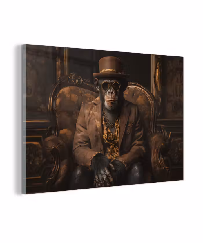Glas schilderij - Chimpansee - Stoel - Pak - Bruin