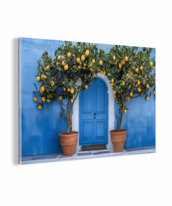 Glas schilderij - Citroenbomen - Geel - Deur - Potten