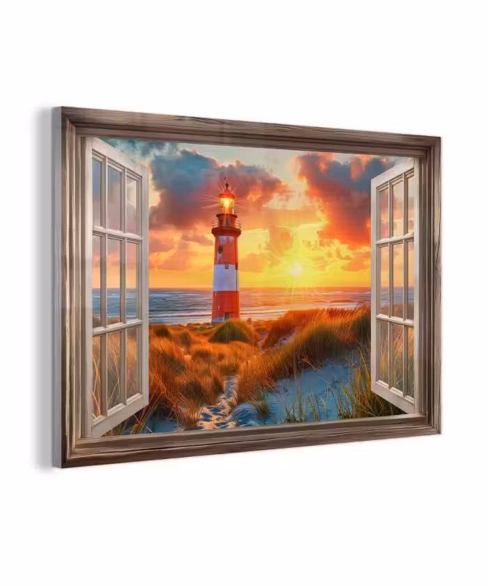 Glas schilderij - Doorkijk - Raam - Vuurtoren - Zonsondergang - Strand