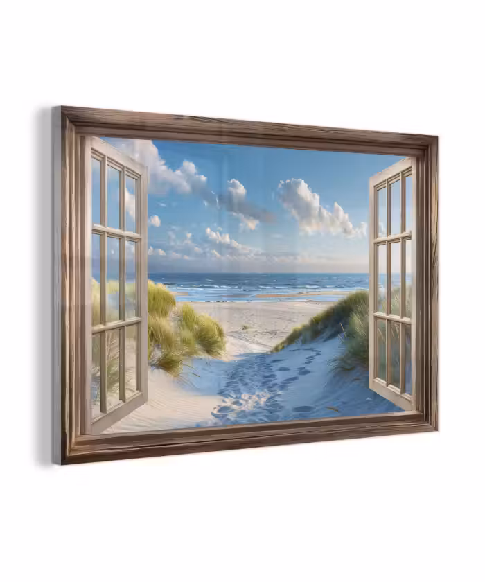 Glas schilderij - Doorkijk - Strand - Raam - Duinen - Zee