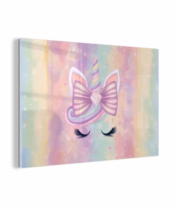 Glas schilderij - Eenhoorn - Glitters - Regenboog - Pastel
