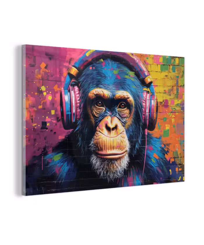 Glas schilderij - Graffiti - Chimpanzee - Street art - Koptelefoon - Aap