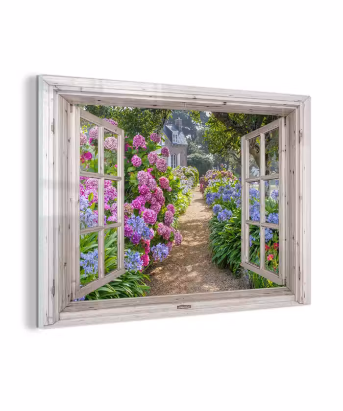 Glas schilderij - Hortensia - Doorkijk - Bloemen - Zomer - Paars - Pad