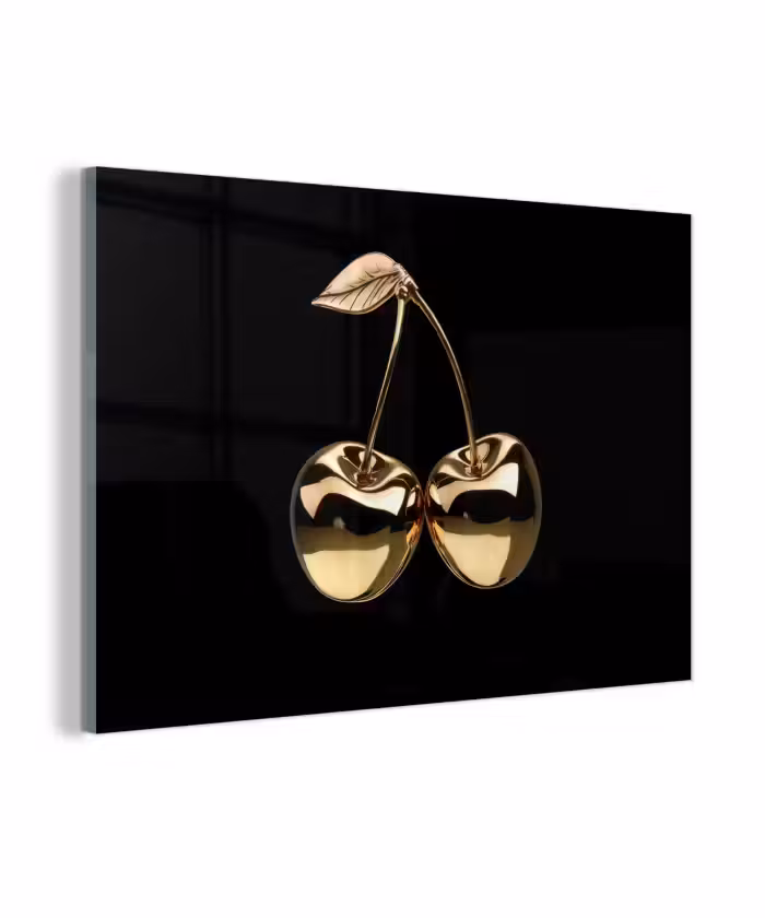 Glas schilderij - Kersen - Zwart - Goud - Chrome