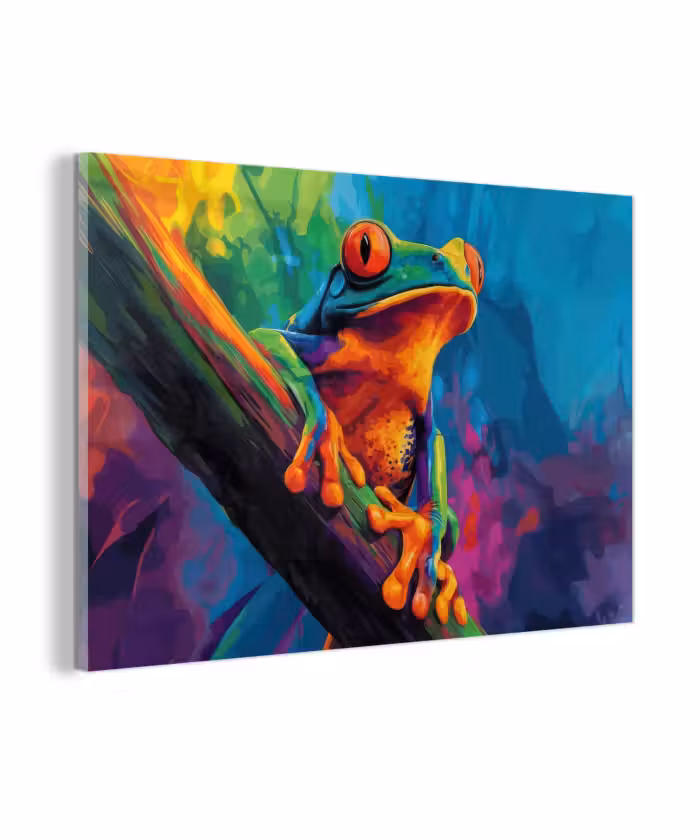 Glas schilderij - Kikker - Felgekleurd - Tak - Regenboog