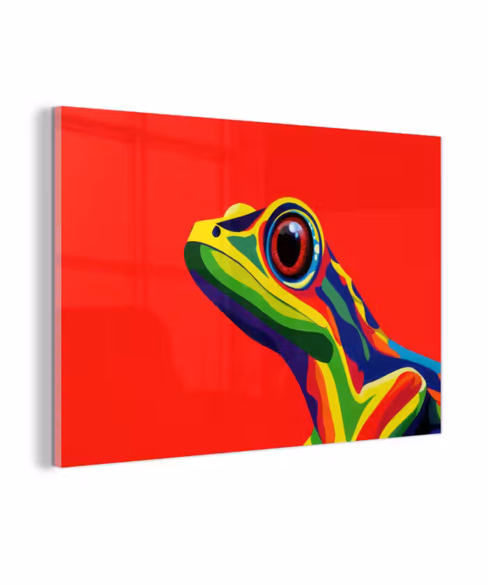 Glas schilderij - Kikker - Kleurrijk - Strepen - Ogen