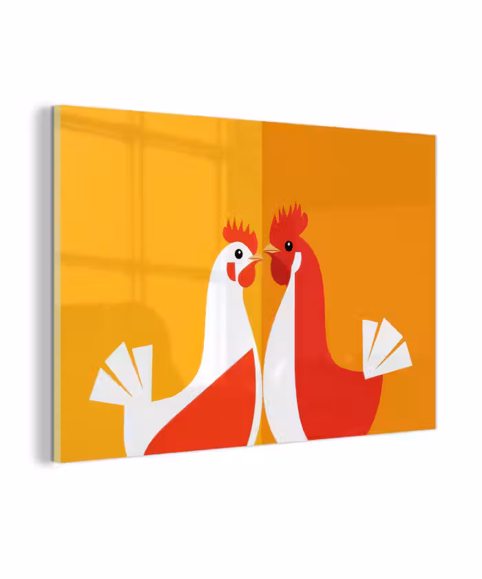 Glas schilderij - Kippen - Oranje - Vlakken