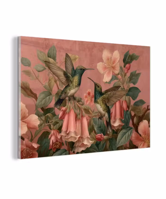 Glas schilderij - Kolibries - Bloemen - Groen - Roze
