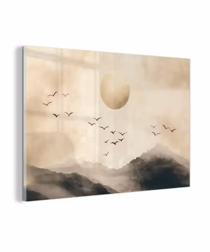 Glas schilderij - Landschap - Japandi - vogel