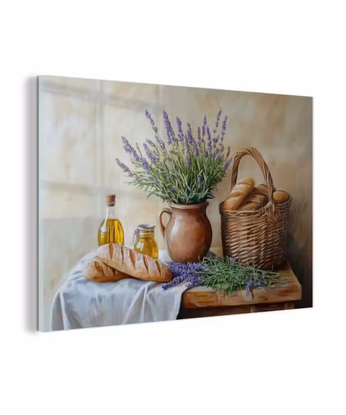 Glas schilderij - Lavendel - Brood - Stilleven