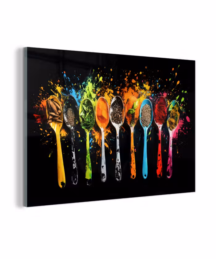Glas schilderij - Lepels - Kruiden - Modern - Graffiti - Verf - Kleurrijk