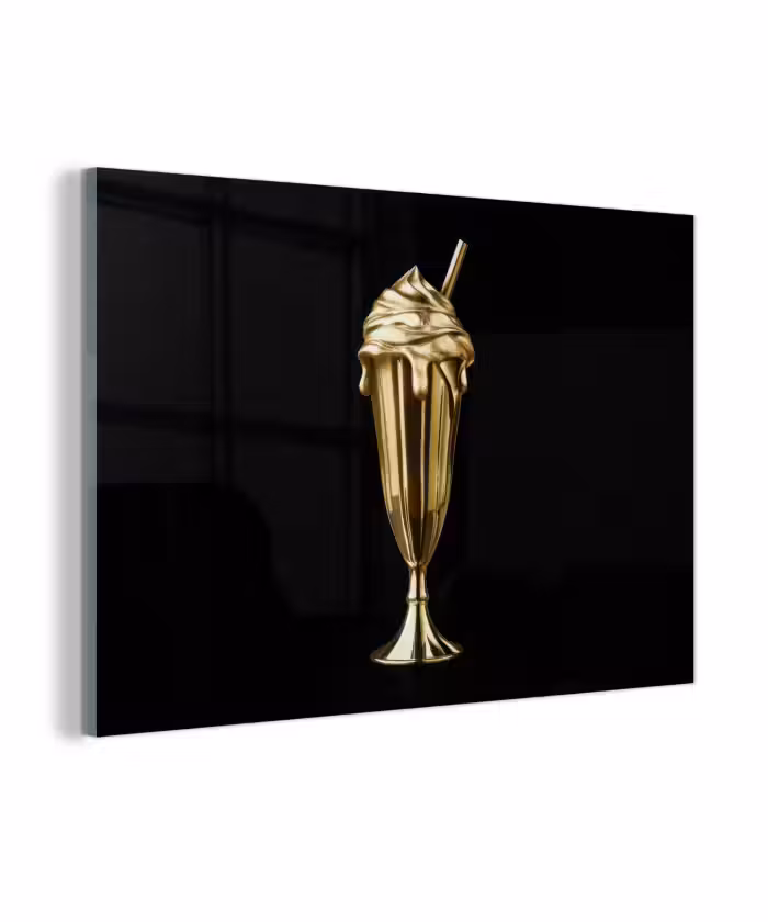 Glas schilderij - Milkshake - Goud - Drinken - Zwart