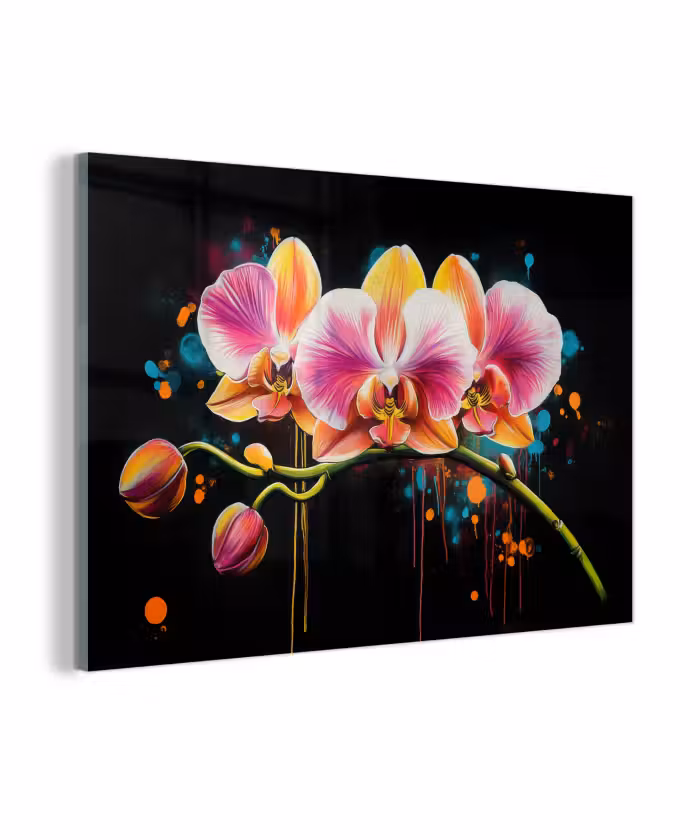 Glas schilderij - Orchidee - Graffiti - Kleurrijk - Bloemen - Abstract