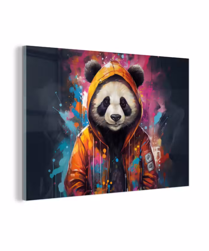 Glas schilderij - Panda - Jas - Graffiti - Oranje