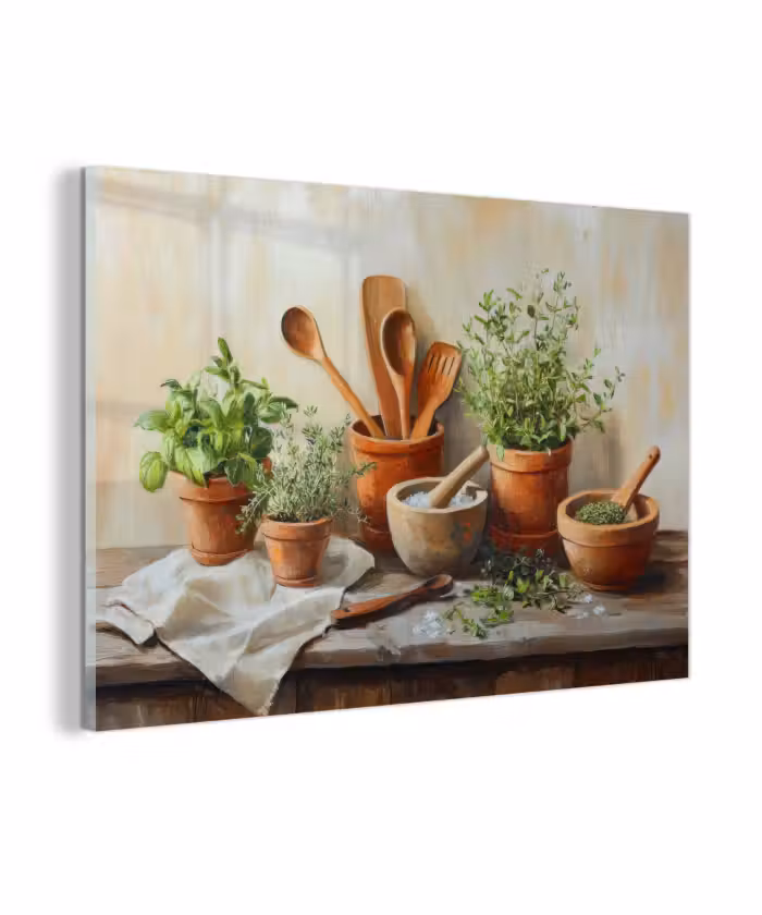 Glas schilderij - Potten - Kruiden - Hout