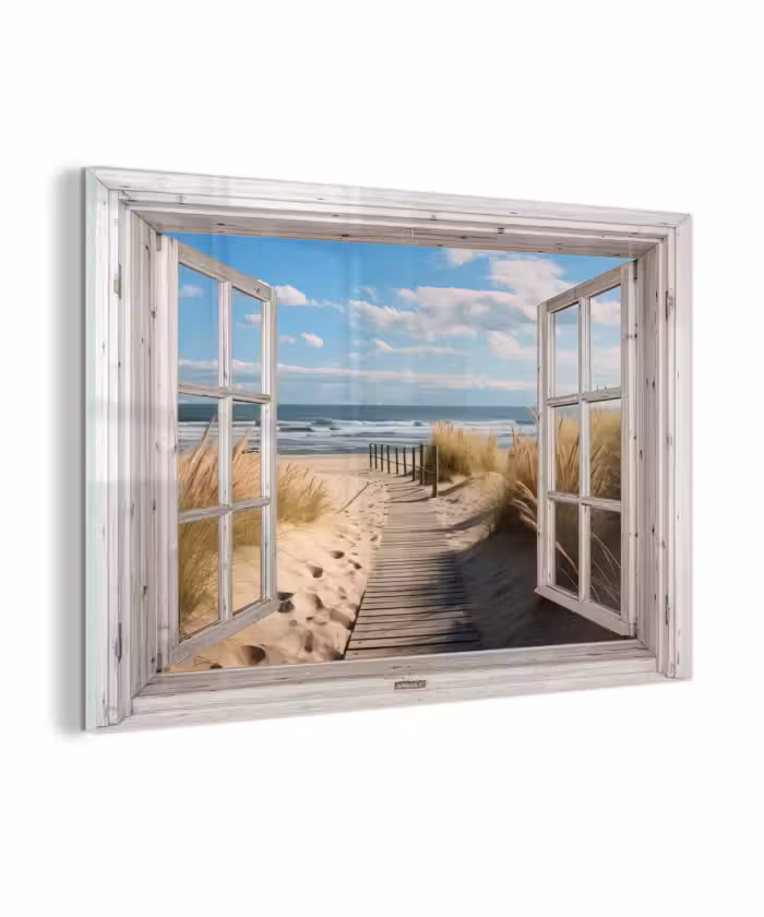 Glas schilderij - Raam - Zee - Kust - Natuur - Doorkijk - Strand - Waddenzee