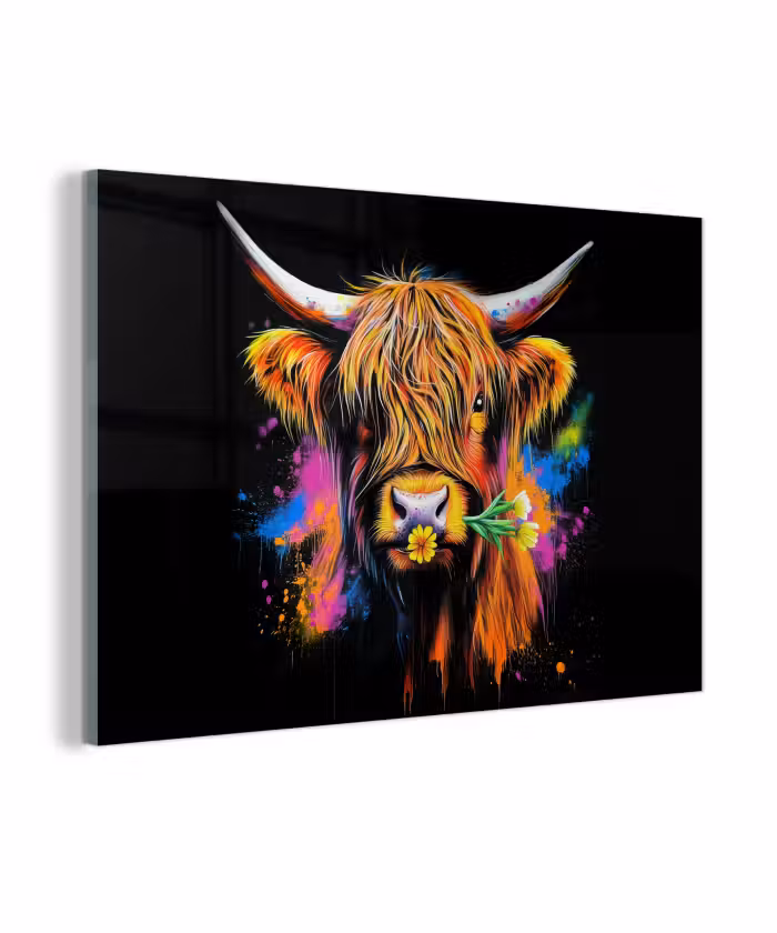 Glas schilderij - Schotse Hooglander - Graffiti - Kleurrijk - Bloem - Dieren