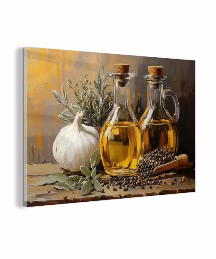 Glas schilderij - Stilleven - Olijfolie - Knoflook - Kruiden