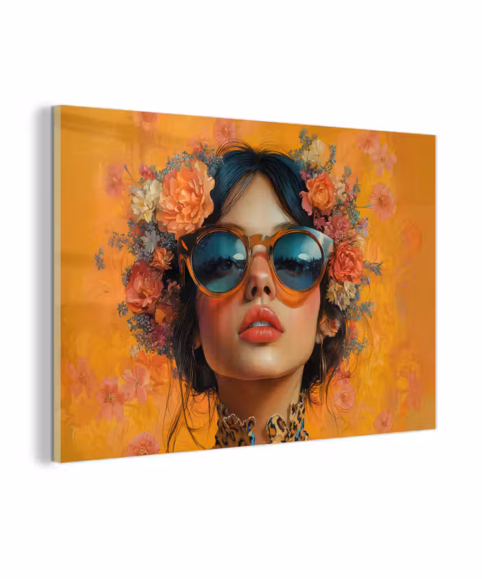 Glas schilderij - Vrouw - Bloemen - Aesthetic - Oranje