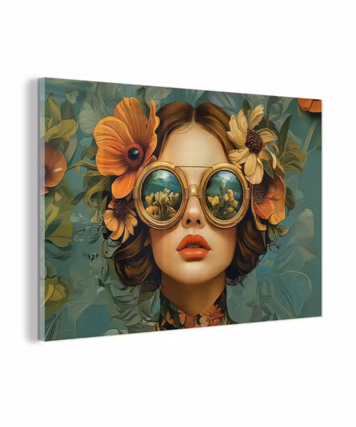 Glas schilderij - Vrouw - Bloemen - Vlinders - Natuur - Vintage