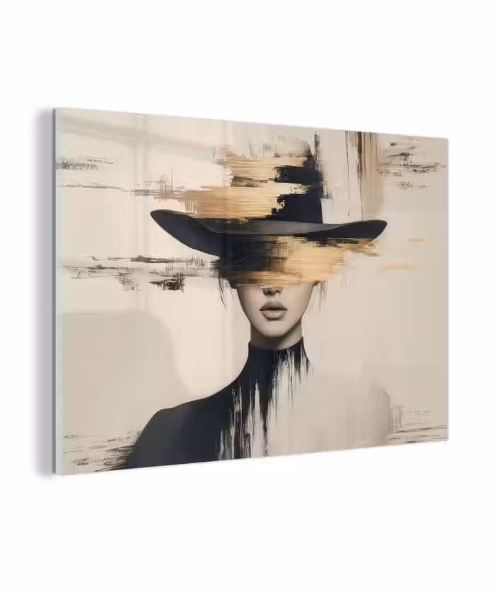 Glas schilderij - Vrouw - Hoed - Verf