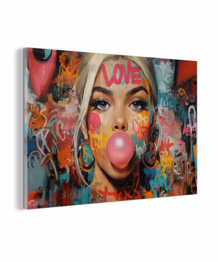 Glas schilderij - Vrouw - Kauwgom - Graffiti - Love
