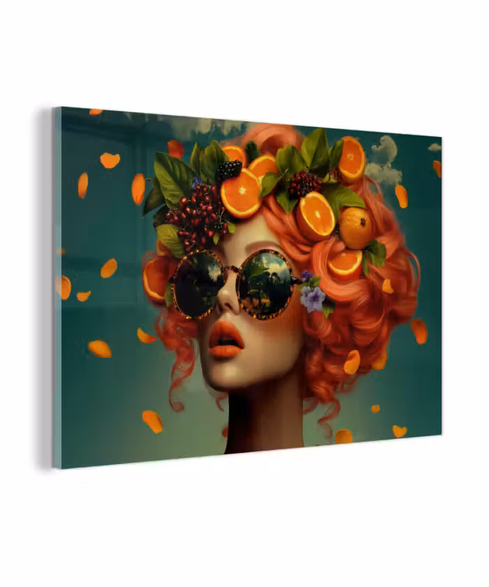 Glas schilderij - Vrouw - Sinaasappel - Bessen - Oranje