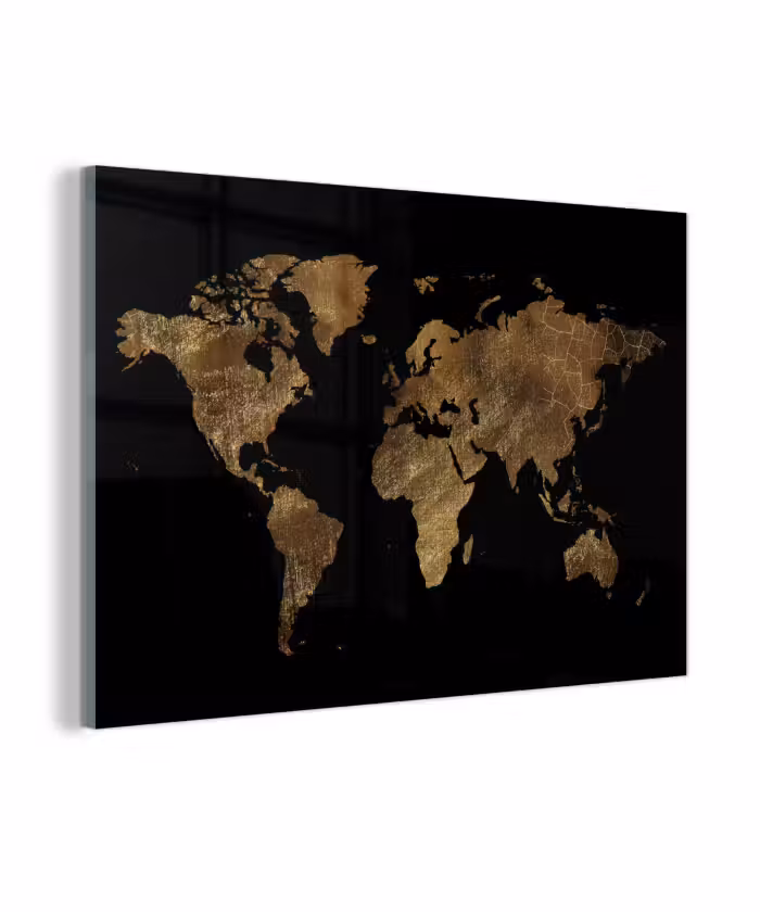Glas schilderij - Wereldkaart - Goud - Luxe - Aarde - Zwart
