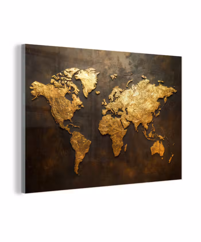 Glas schilderij - Wereldkaart - Goud - Roest