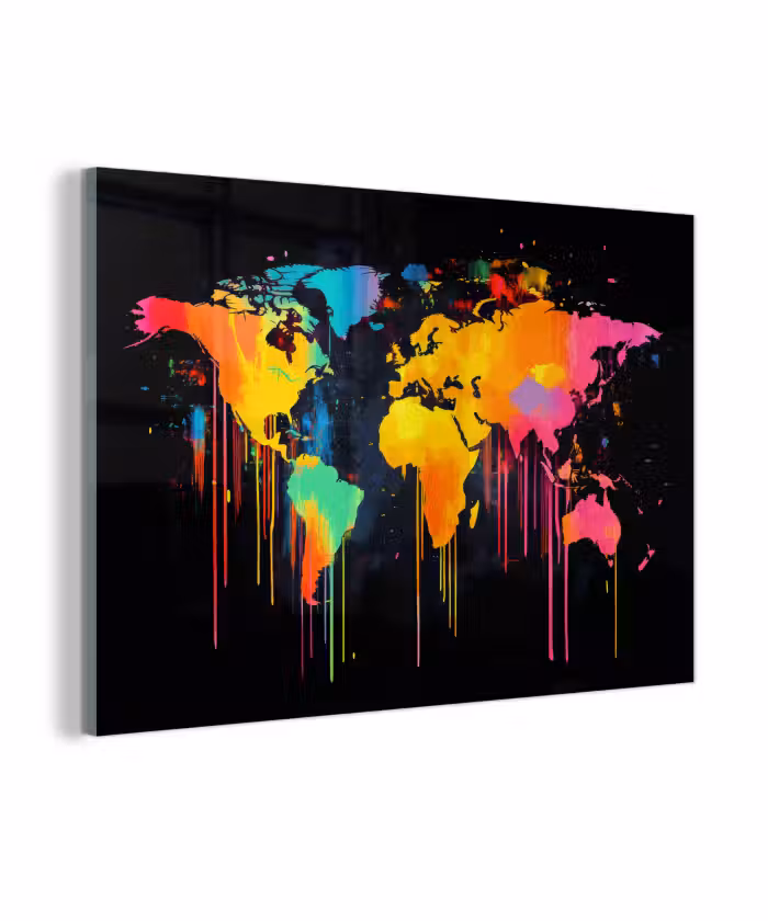 Glas schilderij - Wereldkaart - Verf - Kleurrijk - Graffiti - Wereld