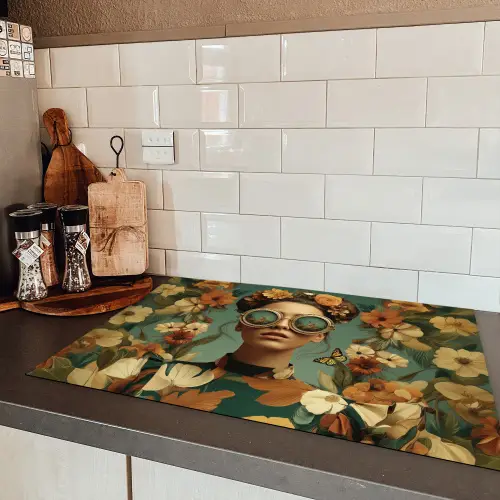 Bloemenkrans - Vrouwengezicht - Zonnebril - Oranje Inductie beschermer vinyl 3mm klein -sfeer3