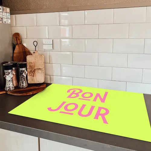 Groen - Roze bonjour - art-deco Inductie beschermer vinyl 3mm klein -sfeer3
