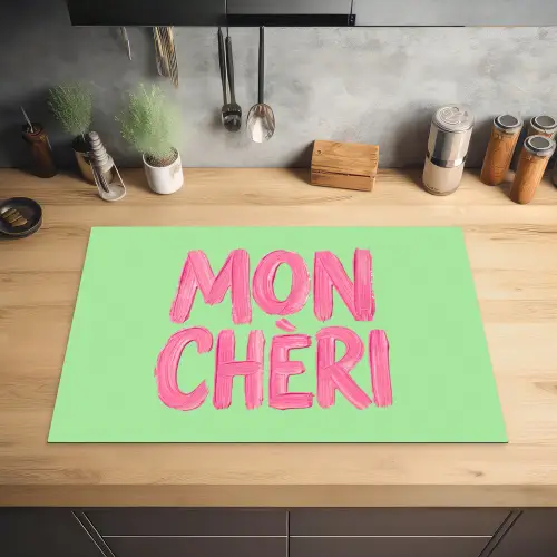 Mon cheri - Groen - Roze Inductie beschermer vinyl 3mm klein -sfeer5