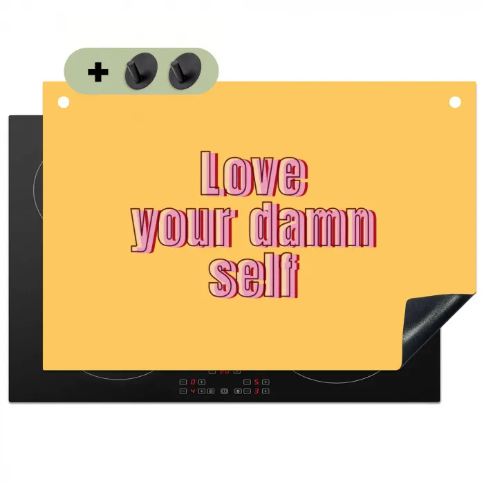 Love yourself - Roze - Geel Inductie beschemer met haakjes klein -3d