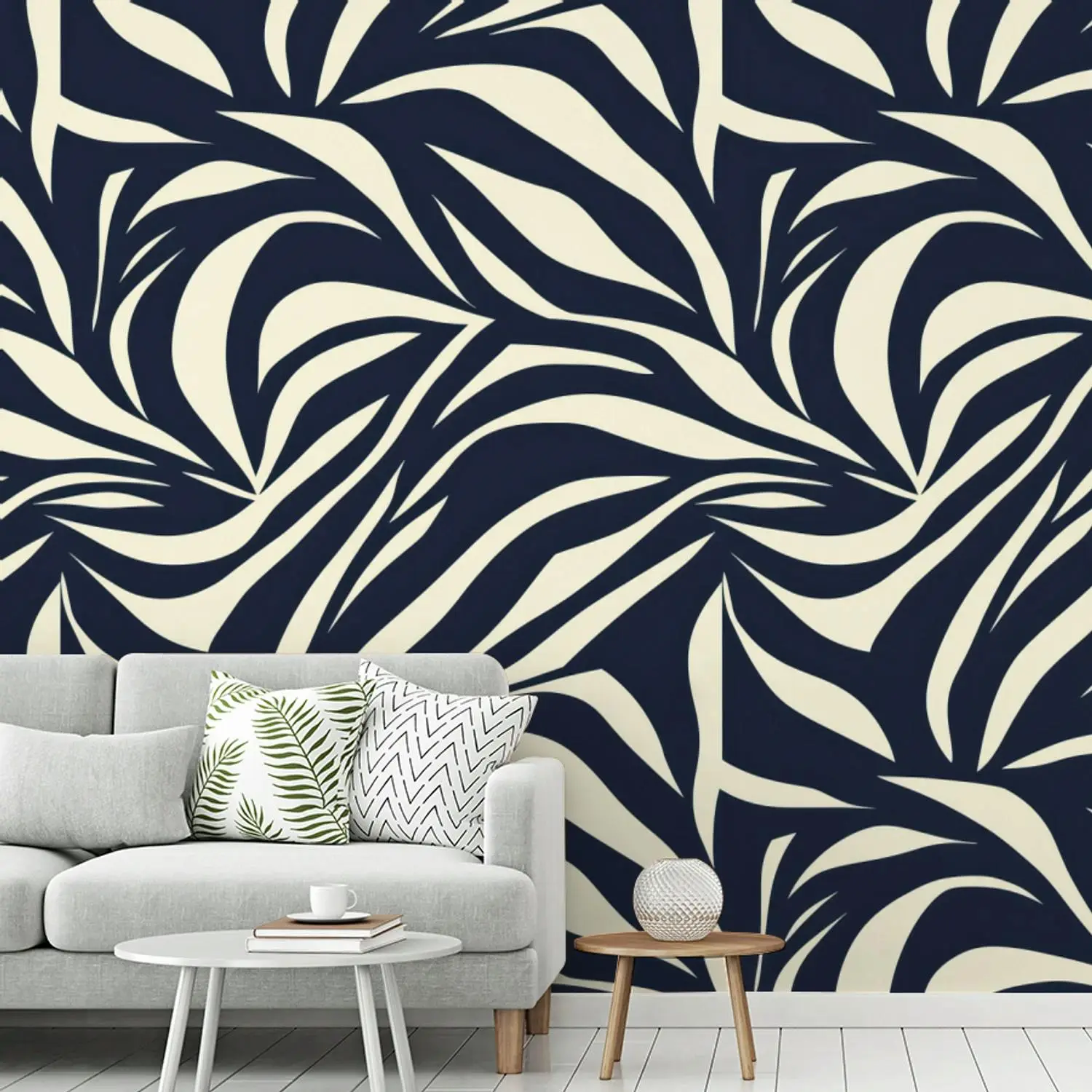 Behang - Bladvormen - Blauw - Patroon - Wit