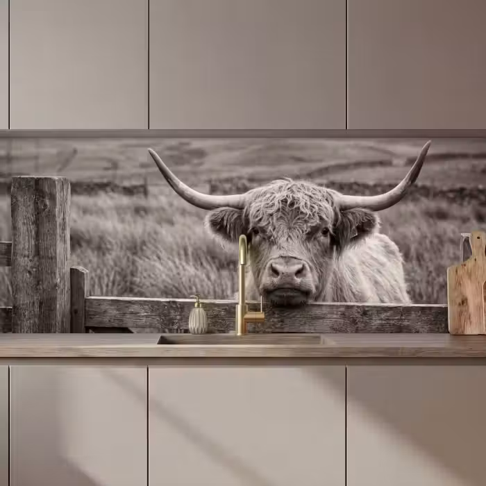 Keuken achterwand - Schotse hooglander - Zwart - Wit - Hout