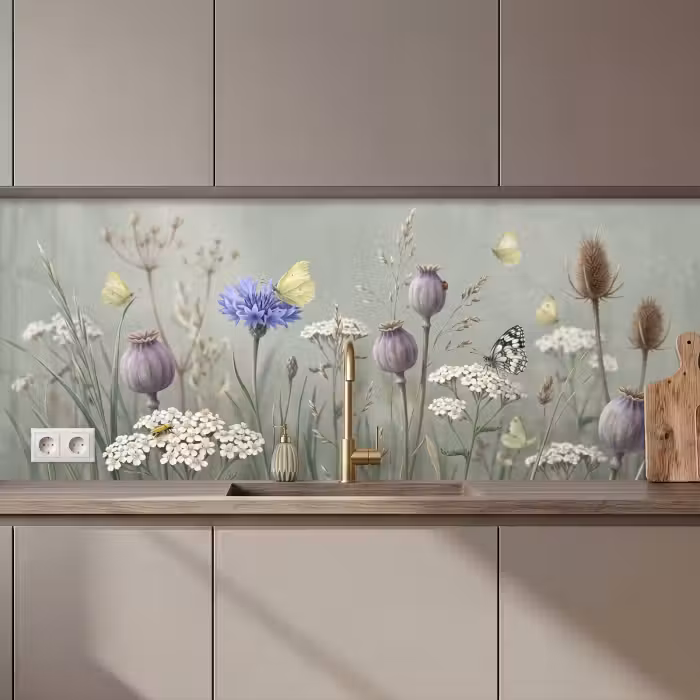 Keuken achterwand - Vlinders - Wildbloemen - Illustratie - Kleurrijk