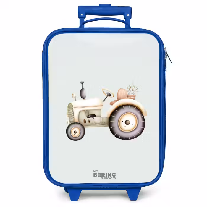 Kinderkoffer blauw - Beige vintage tractor in pastel groene kleuren