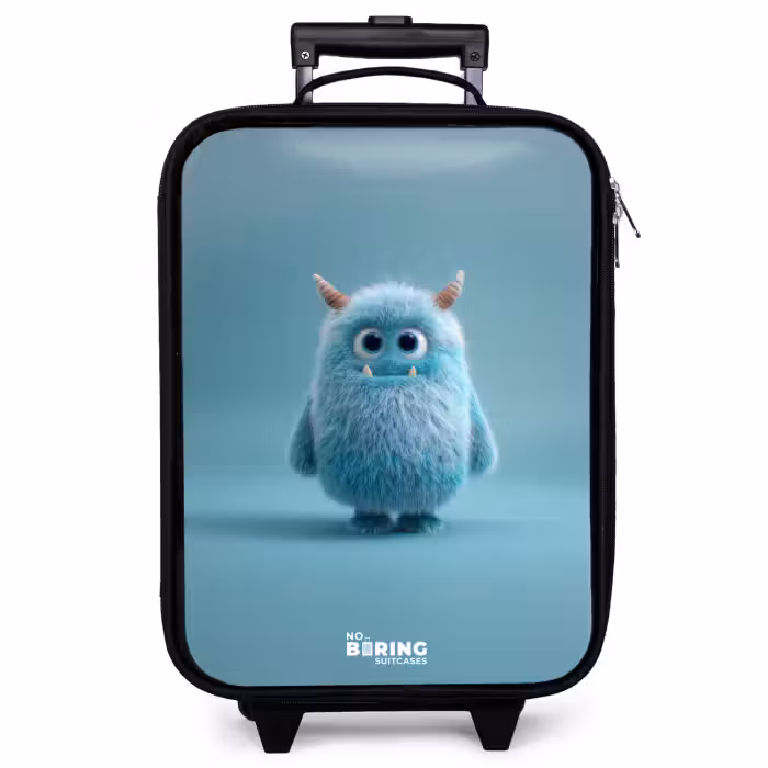 Kinderkoffer - Zwart - Blauw pluizig monster met hoorns