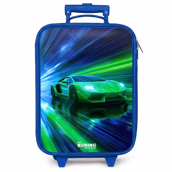Kinderkoffer - Blauw - Raceauto - Felgroen - Lichtstralen - Snelheid