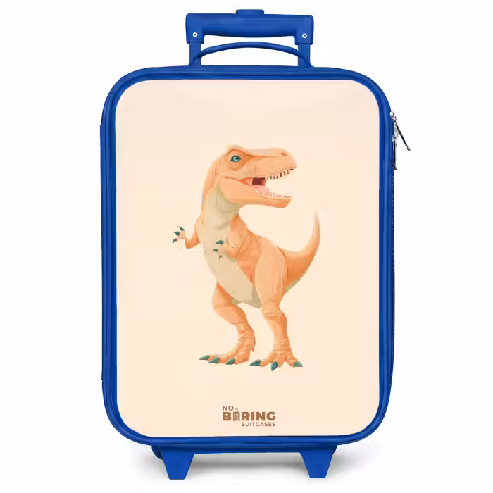 Kinderkoffer blauw - T-rex dino in oranje kleuren
