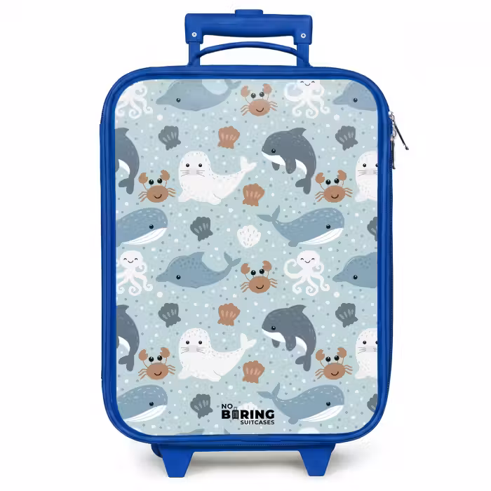 Kinderkoffer blauw - Zeedierenpatroon met dolfijnen, zeehonden en krabben