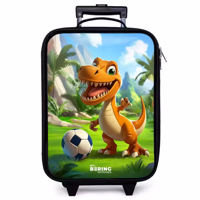 Kinderkoffer - Dino met een voetbal in groen landschap