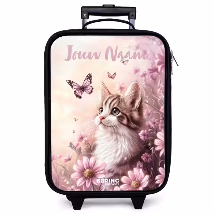 Kinderkoffer met naam - Kitten - Vlinders - Paars - Bloemen