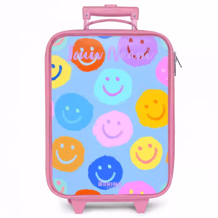 Kinderkoffer roze met naam - Vrolijk patroon van smileys