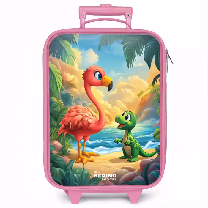 Kinderkoffer roze - Flamingo en dinosaurus op strand bij ondergaande zon