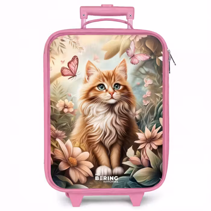 Kinderkoffer roze - Kat in bloemenveld met roze vlinders.