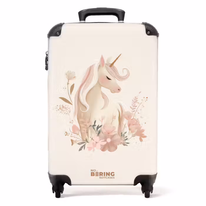 Koffer - Eenhoorn tussen bloemen in roze pastel kleuren