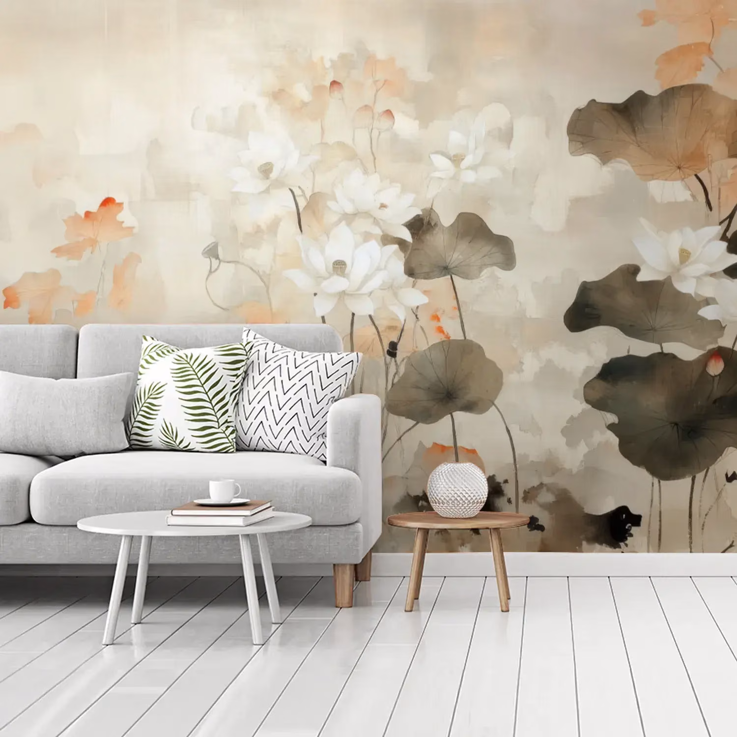 Behang met bloemen in japandi stijl